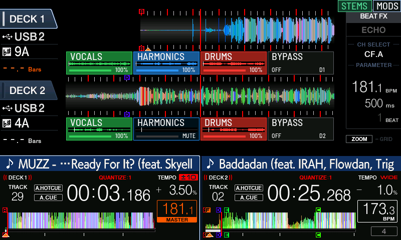 An earlier capture with stems in the BELOW / FULL layout, the rows taller with room for the stem level bars. Stem colours here follow an older default. Today drums are blue and harmonics red; see [Stem colours](stems#stem-colours).