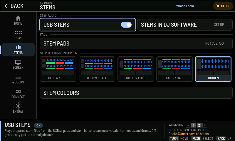 The STEMS page with USB stems on.