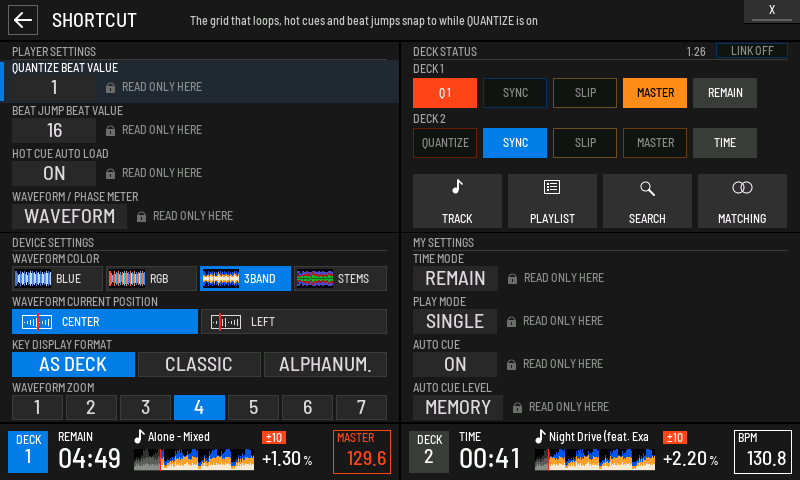The player's own settings shown as values while it is not accepting changes. DEVICE SETTINGS still change the MODERN screen