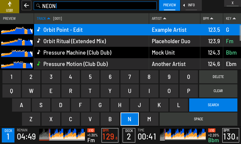 Typing NEON. Eleven tracks match so far.