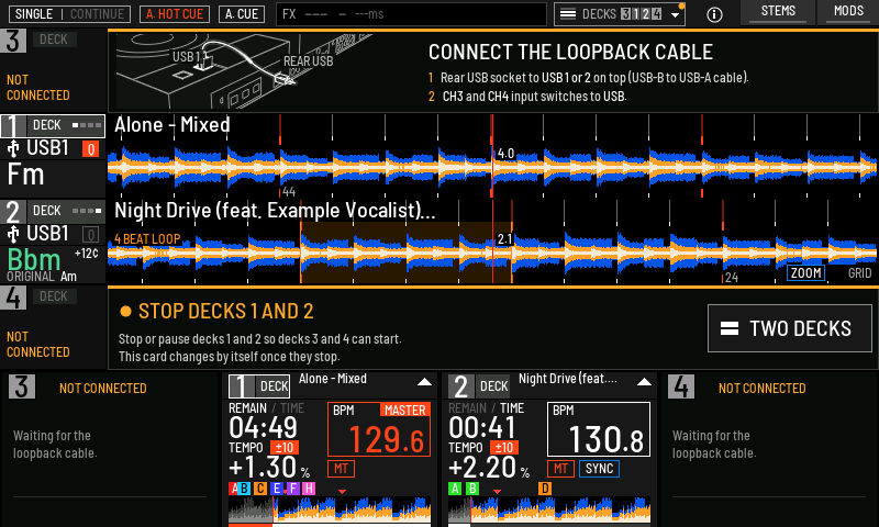 STOP DECKS 1 AND 2, in mixer order. The card splits into two strips