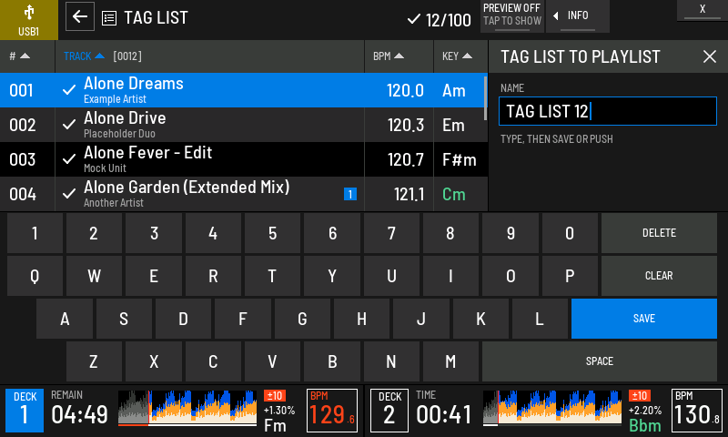 CREATE PLAYLIST: the tag list saved as a new playlist