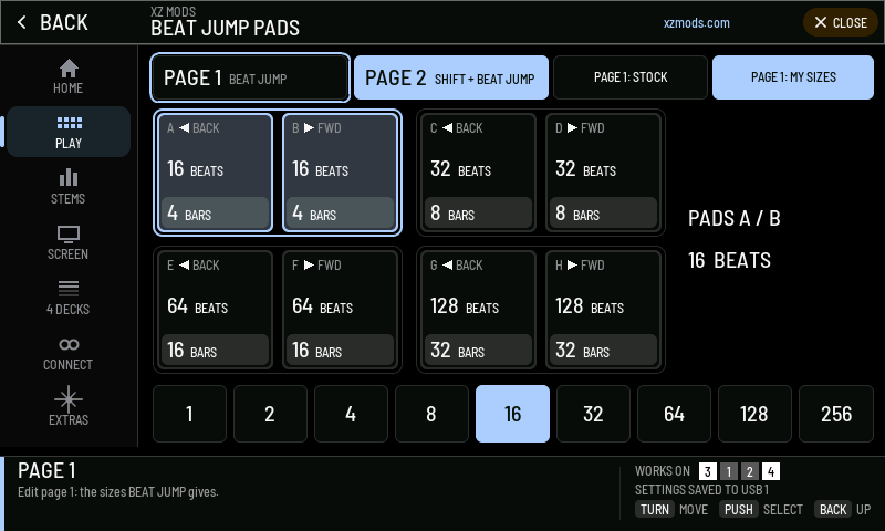 Editing page 2. Pads A and B are selected and jump 16 beats.