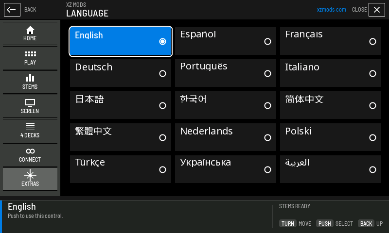 The LANGUAGE page with English chosen.