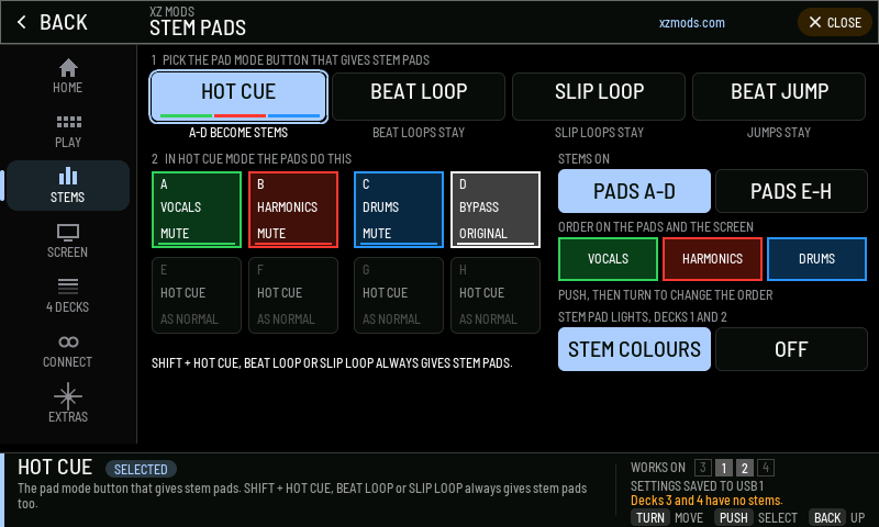 HOT CUE gives stem pads on A to D, in the order VOCALS, HARMONICS, DRUMS.