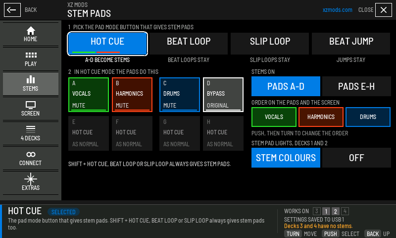 HOT CUE gives stem pads on A to D, in the order VOCALS, HARMONICS, DRUMS.