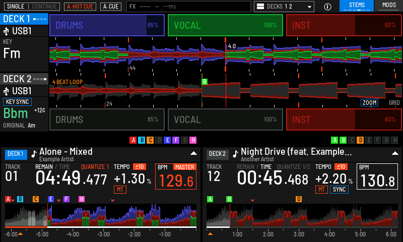 Deck 2 with DRUMS and VOCAL muted beside deck 1 playing all three