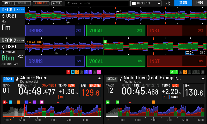 BELOW / FULL: a full row under each deck's waveform