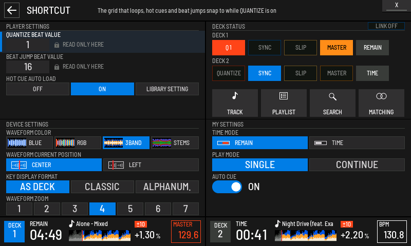 The SHORTCUT screen with quantize, waveform and time settings for both decks.