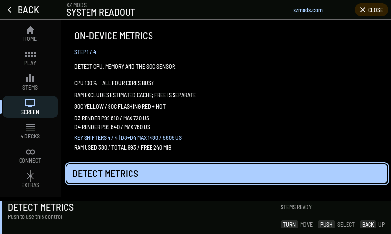 The first setup step with live readings and four key shifters engaged.