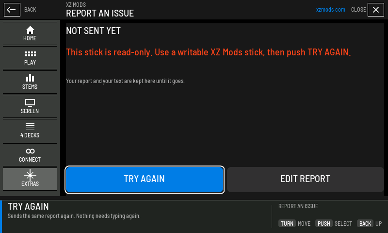 NOT SENT YET: the reason, TRY AGAIN and EDIT REPORT