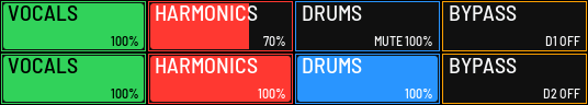 Two full rows. Deck 1 plays HARMONICS at 70 % with DRUMS muted.