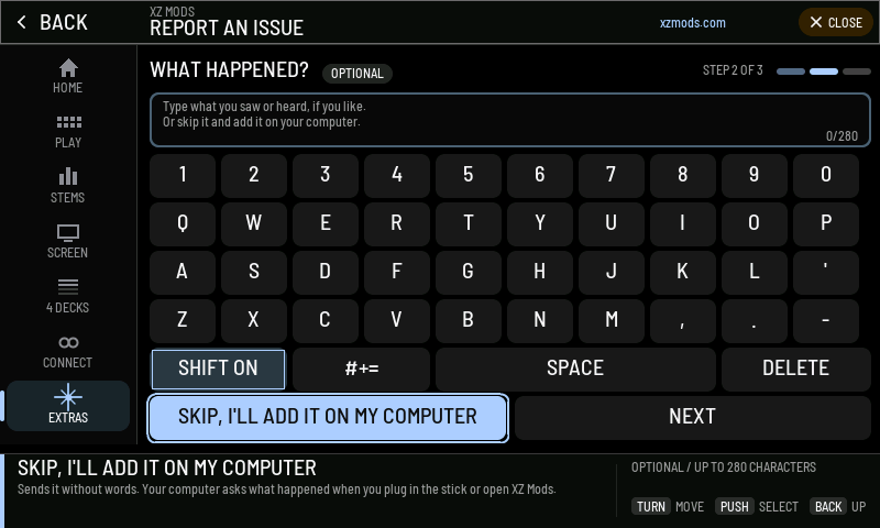 Step 2, before you type. SKIP is lit: one push goes on without words.