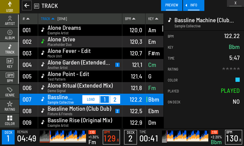 The INFO panel: BPM, KEY, TIME, RATING, COLOR, PLAYED and ON DECK